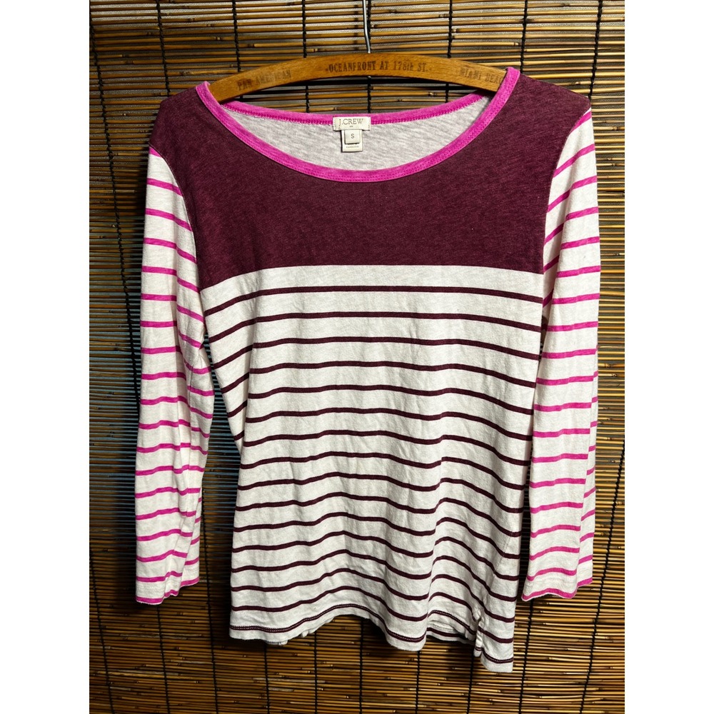 J.Crew Womens Small Striped Colorblock Long Sleeve Cotton Tee Maroon Pink White